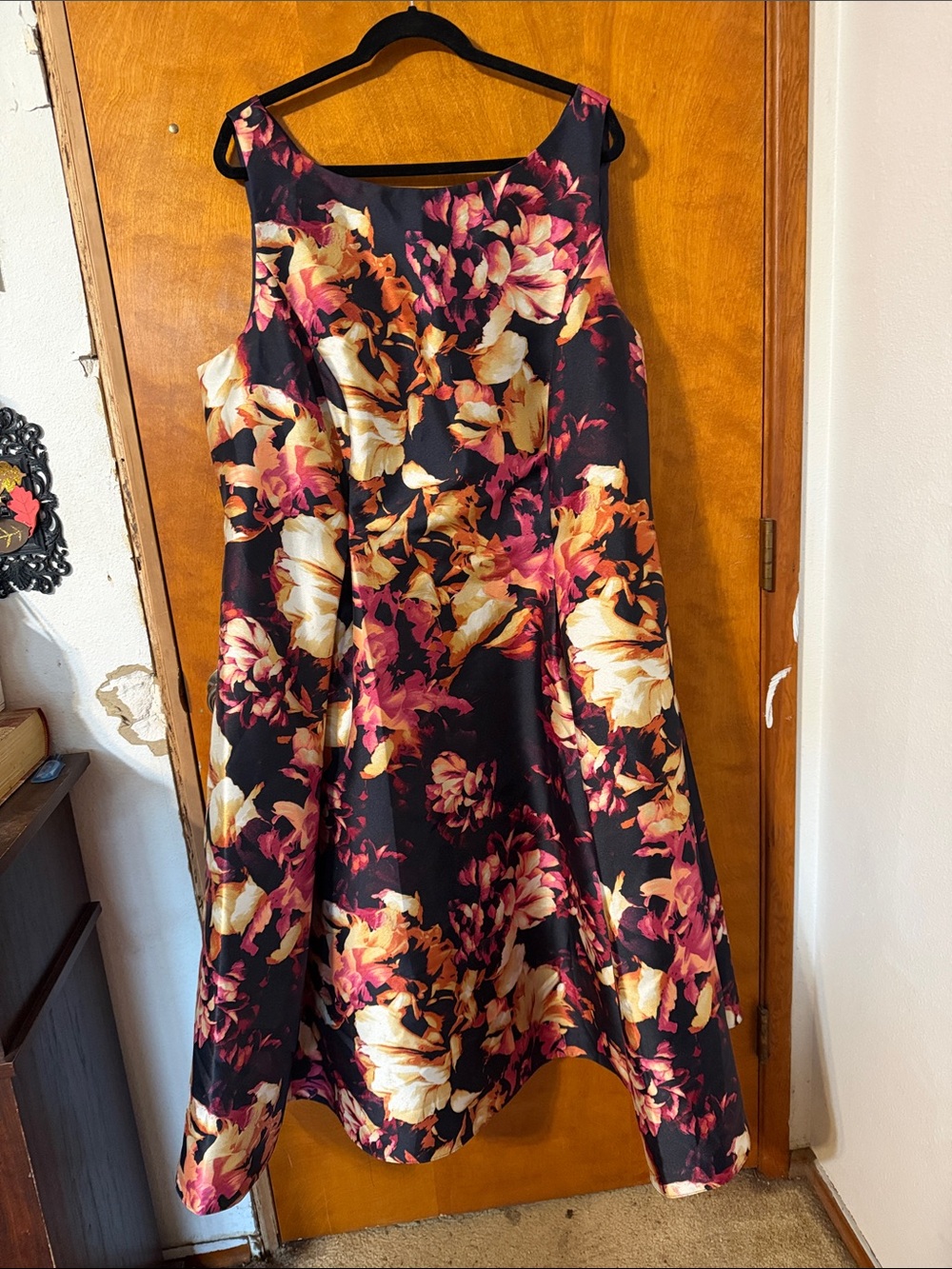 Adrianna Papell Black Maxi Dress with Pink and Gold Floral Print